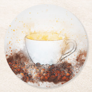 Zeichn einer Kaffeepause unter den Kaffeebohnen Runder Pappuntersetzer