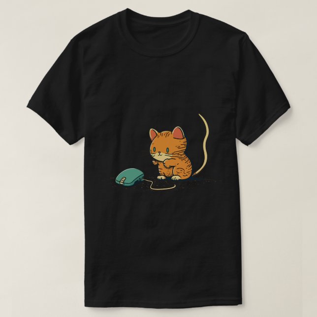 Zeichn eines Kätzchens, der eine Computermäuse jag T-Shirt (Design vorne)