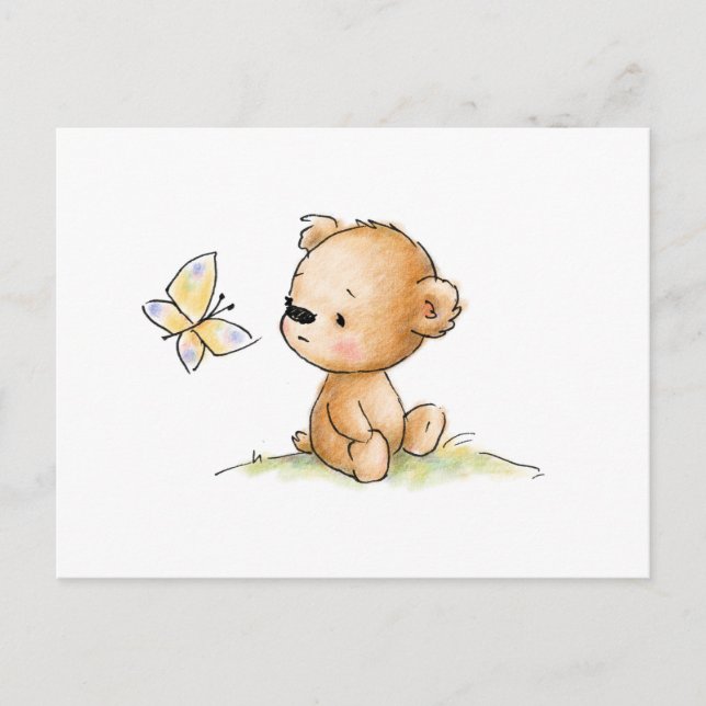 Zeichn eines niedlichen Teddybären mit Schmetterli Postkarte (Vorderseite)