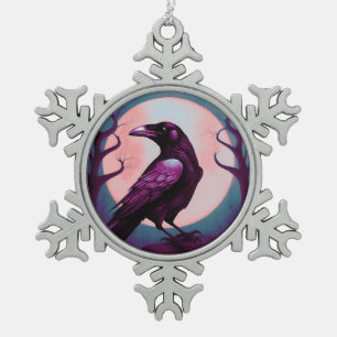 Zeichn eines Raben auf graublauem Hintergrund Schneeflocken Zinn-Ornament