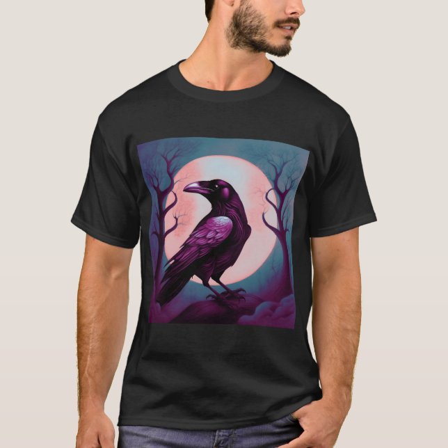 Zeichn eines Raben auf graublauem Hintergrund T-Shirt (Vorderseite)