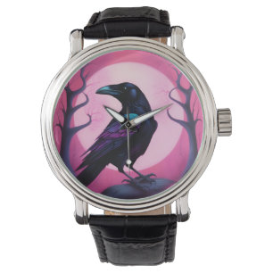 Zeichn eines Raben auf neonrosa Hintergrund Armbanduhr