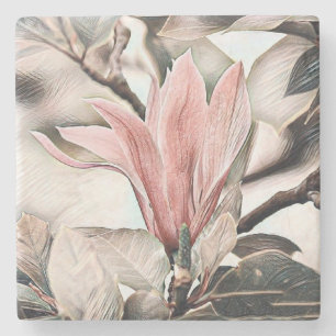 Zeichn eines rosa Magnolia-Ast-Stein-Untersetzer Steinuntersetzer