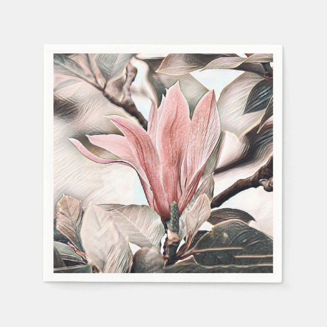 Zeichn eines rosa Magnolienzweiges Papier Napkin Serviette (Vorderseite)