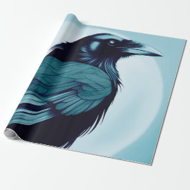 Zeichn eines schwarzen Rabe auf hellblau Geschenkpapier