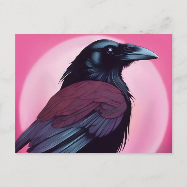 Zeichn eines schwarzen Rabe auf Neonrosa Postkarte (Vorderseite)