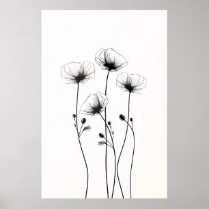 Zeichn von minimalistischen Blume in Schwarz und W Poster