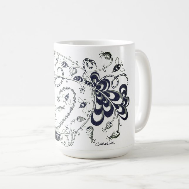 Zeichne, schwarz-weiße Stifte mit Bienendarstellun Kaffeetasse (VorderseiteRechts)