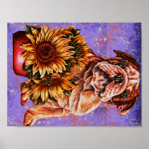Zeichnen der Bulldoggen-Sonnenblumen auf lila Poster