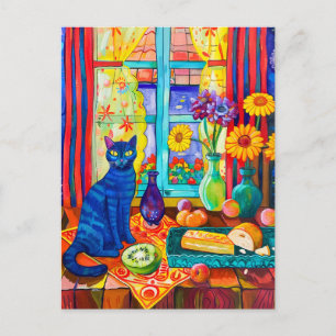 Zeichnen einer Katze auf Küchentisch nach Fenster Postkarte