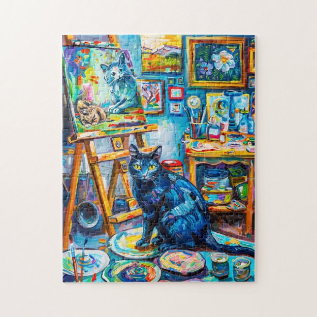 Zeichnen einer Katze im Maler-Studio (Vertikal)