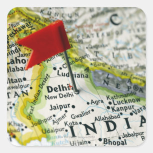 Zeichnen Sie das Button auf, das in Neu-Delhi, Quadratischer Aufkleber