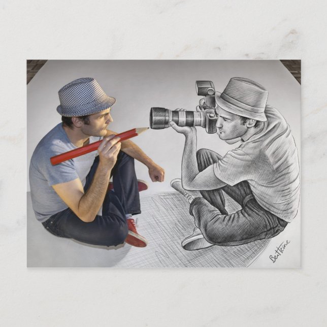 Zeichnen Sie gegen Kamera - Kunst 3D - Fotograf an Postkarte (Vorderseite)