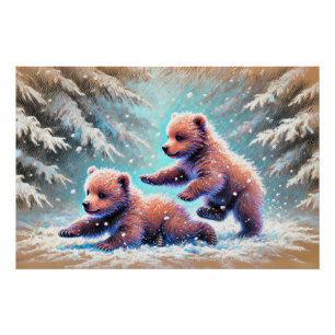 Zeichnend Bärenjungen in der Schneefälle Poster