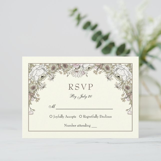 Zeichnend Blume Elfenbein romantische Hochzeitskar RSVP Karte (Stehend Vorderseite)