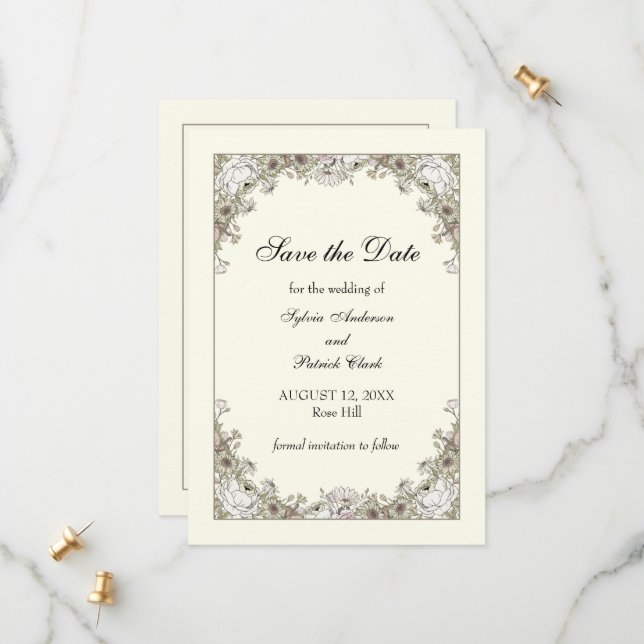 Zeichnend Blume Elfenbeinromantik Save The Date (Vorderseite/Rückseite Beispiel)