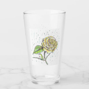 Zeichnend Hummingvogel und Rose im Regen Glas