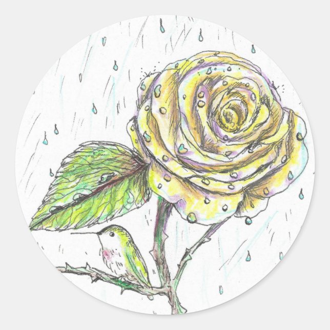 Zeichnend Hummingvogel und Rose im Regen Runder Aufkleber (Vorderseite)