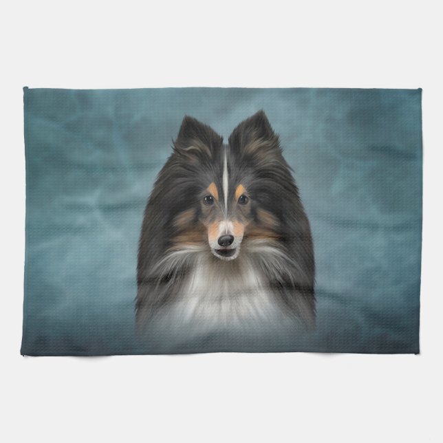 Zeichnend Hund Shetland Sheepdog, Sheltie Geschirrtuch (Horizontal)