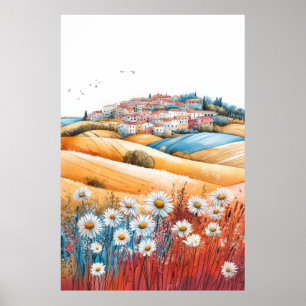 Zeichnend Pastell-Farbe der Wiesenlandschaft Poster