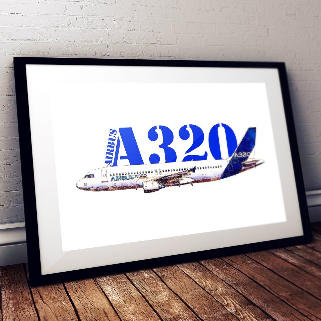 Zeichnend Profil des Flugzeugs A320 Poster (Airbus A320 Aircraft Watercolor drawing Profile. Framed Art)