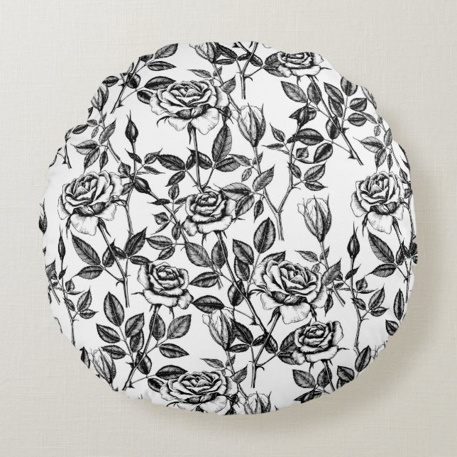 zeichnend Rose Rundes Kissen (Vorderseite)