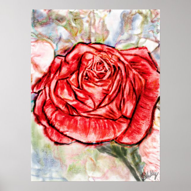 Zeichnend rote Rose Poster (Vorne)