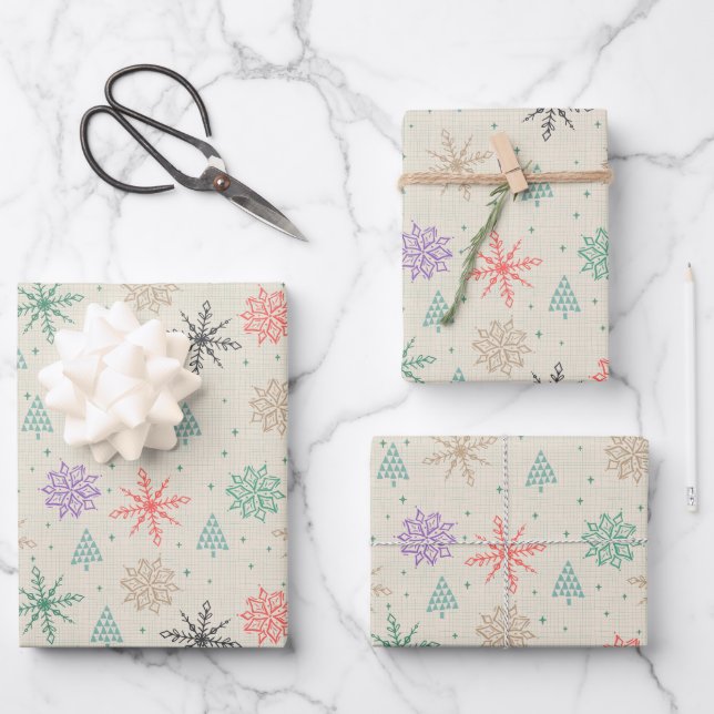 Zeichnend Schneeflocken Weihnachtsbäume Multicolor Geschenkpapier Set (Vorderseite)