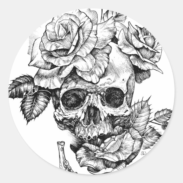 Zeichnete von Schädel und Rose Runder Aufkleber (Vorderseite)