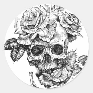 Zeichnete von Schädel und Rose Runder Aufkleber