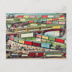 Zeichnung eines Bahnhofs mit alten Zügen Postkarte