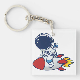 Zeichnung eines Cartoon-Astronauten auf einer Rake Schlüsselanhänger