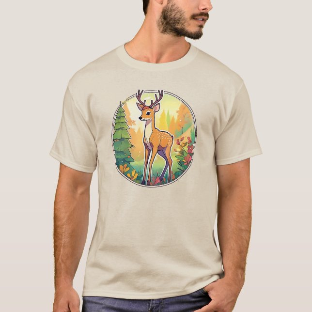 Zeichnung eines Hirschs im Wald. T-Shirt (Vorderseite)
