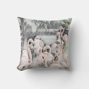 Zeichnung von rosa und weißen Flamingos im Wasser Kissen