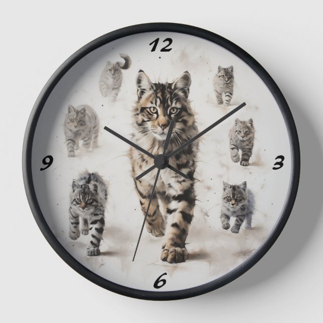 Zeige: Schwarze und weiße Katzen Wall Uhr (Vorderseite)