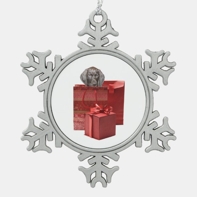 Zeiger-Welpen-Weihnachtsgeschenk Schneeflocken Zinn-Ornament (Vorderseite)