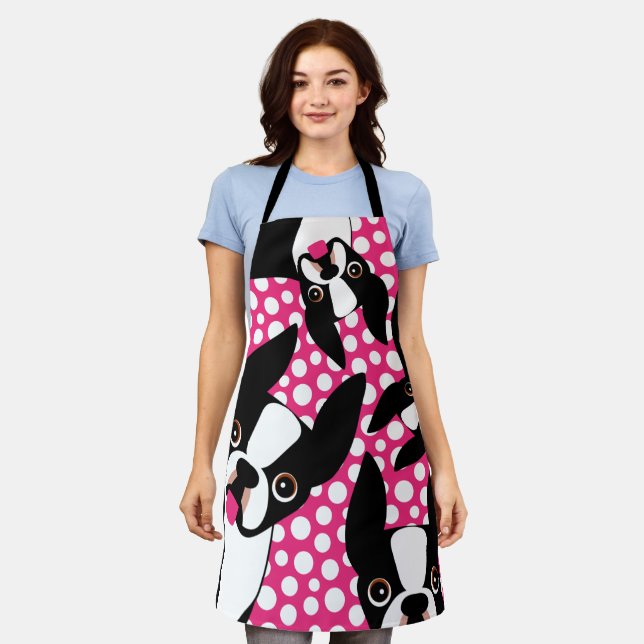 Zeit, den Boston Terriers Pink Polka Dot Füttern Schürze (Getragen)