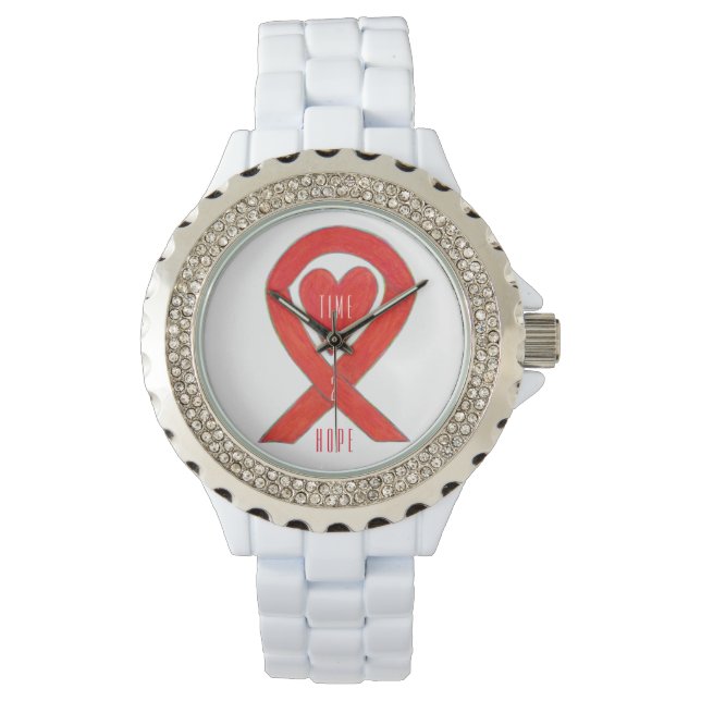 Zeit für die Hoffnung Red Awareness Ribbon Heart W Armbanduhr (Vorderseite)