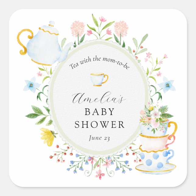 Zeit für Tea Baby Shower Wildblume Quadratischer Aufkleber (Vorderseite)