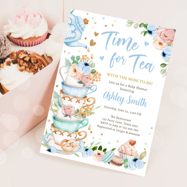 Zeit für Tea Brewing Tee Party Blue Baby Dusche Einladung (Von Creator hochgeladen)