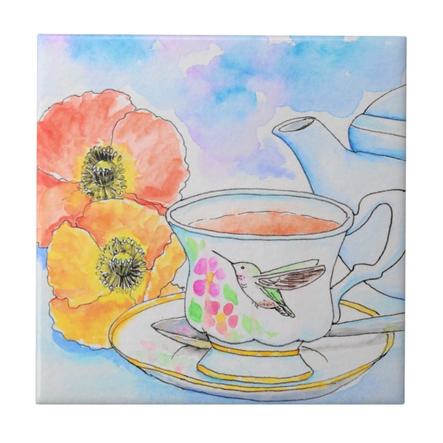 Zeit für Tea Watercolor-Malerei Fliese (Vorderseite)