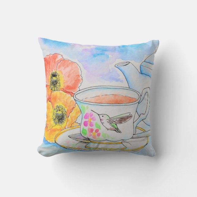 Zeit für Tea Watercolor-Malerei Kissen (Vorderseite)