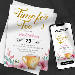 Zeit für Tee Aquarell Gold Glitter Brautparty Einladung