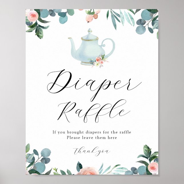 Zeit für Tee Blue Floral Diaper Raffle Sign Poster (Vorne)