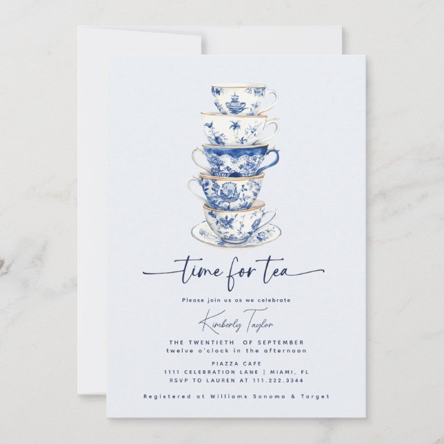 Zeit für Tee Chinoiserie Dusty Blue Brautparty Einladung (Vorderseite)