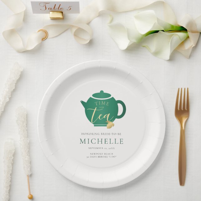 Zeit für Tee Emerald Gold Elegantes Brautparty Pappteller (Hochzeit)