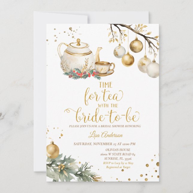 Zeit für Tee Gold Weihnachtsschmuck Brautparty Einladung (Vorderseite)