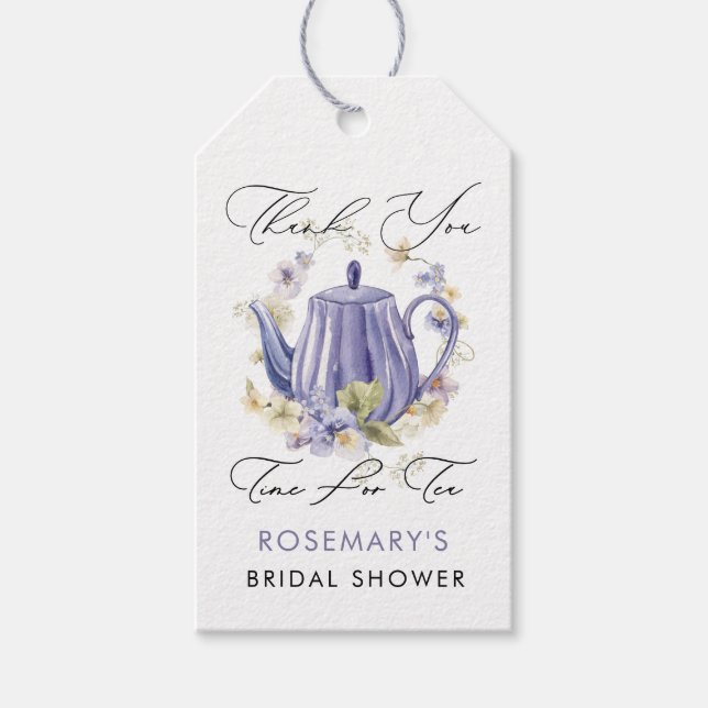 Zeit für Tee Lila Teekessel Brautparty Geschenkanhänger (Vorderseite)