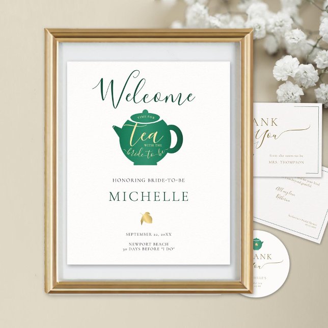 Zeit für Tee Smarald Gold Brautparty Willkommen Poster (bridal tea welcome poster emerald gold calligraphy modern classic)
