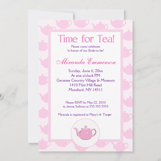 Zeit für Tee Tee Teekanne (rosa) Brautparty 12x18 Einladung (Vorderseite)
